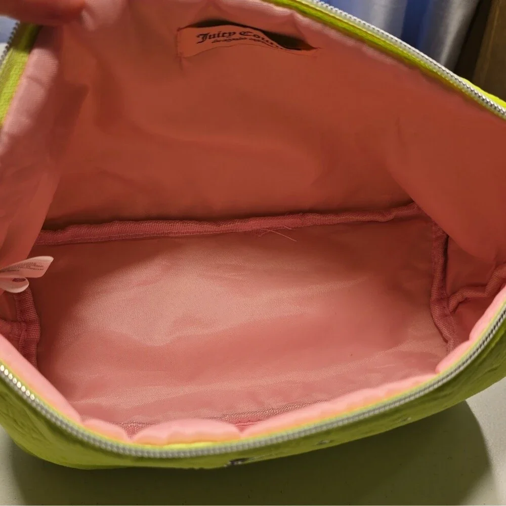 Juicy Couture Green Embossed Zip Makeup Bag Pouch with Pink Lining